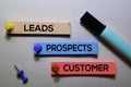 Leads, Prospects, Customer text on sticky notes isolated on office desk