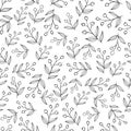 Black line drawing branches with leaves and berries on white background. Seamless floral pattern.