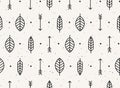 Leaf, arrow and feather vector seamless pattern. Geometric design pattern with leaves.