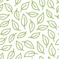 Leaf background. Green, white seamless pattern with leaves in minimal line doodle style. Decorative repeat package