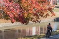 Leaf blower cleaning along riverside pathway in suburbs Dallas, Texas Royalty Free Stock Photo