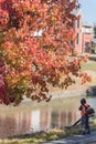 Leaf blower cleaning along riverside pathway in suburbs Dallas, Texas Royalty Free Stock Photo