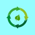 Leaf with circular arrows. Nature cycle icon. Renewable energy symbol. Vector illustration. EPS 10.
