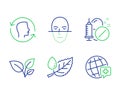 Leaf dew, Medical drugs and Leaves icons set. Face id, Face recognition and World medicine signs. Vector