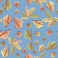 The leaf fall. Lace leaves. Composition on a blue background. Seamless pattern