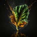 A leaf of fresh lettuce, dripping with a drop of oozing mustard. Generative AI