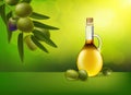 Leaf of green olives. Realistic bottle of olive oil branch. Vector illustration