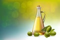 Leaf of green olives. Realistic bottle of olive oil branch. Vector illustration Royalty Free Stock Photo