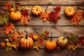 leaf halloween background pumpkin wooden orange autumn wood season seasonal fall. Generative AI. Royalty Free Stock Photo