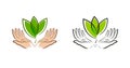 Leaf in hands, logo. Natural, organic label, nature symbol. Vector illustration Royalty Free Stock Photo