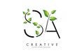 Leaf Letters SA S A Logo Design with Green Leaves on a Branch. Letters SA S A with nature concept