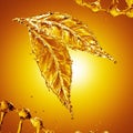 Leaf made of oil splash on gold background