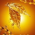Leaf made of oil splash on gold background