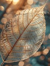 Leaf, microstructure, intricate veins, showcasing photosynthesis process, realistic, sunlight, depth of field bokeh effect Royalty Free Stock Photo