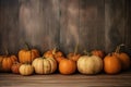 leaf orange background season autumn halloween pumpkin fall wood harvest wooden. Generative AI. Royalty Free Stock Photo