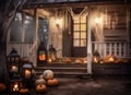 fall halloween porch wooden decoration pumpkin leaf holiday house door. Generative AI.