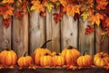 leaf pumpkin season wooden background autumn halloween orange fall plant wood. Generative AI. Royalty Free Stock Photo