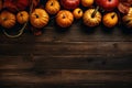 fall pumpkin halloween wood autumn food orange wooden background season leaf. Generative AI. Royalty Free Stock Photo