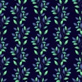 Leaf seamless pattern; vertical branches with leaves on dark blue background. Royalty Free Stock Photo