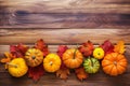 leaf season wood background wooden pumpkin autumn halloween fall autumnal orange. Generative AI.
