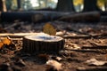 a leaf sits on top of a stump in the woods