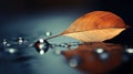A leaf is sitting on top of a wet surface with water droplets, AI Royalty Free Stock Photo
