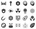 Leaf, smart, farm. Bioengineering glyph icons set. Biotechnology for health, researching, materials creating. Molecular biology,