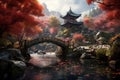 Leaf-strewn Oriental forest bridge autumn. Generate Ai