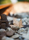 Leaf stuck at railroad track Royalty Free Stock Photo