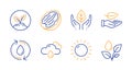 Leaf, Sunny weather and Rainy weather icons set. Refill water, Fair trade and Startup signs. Vector