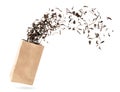 Leaf tea flies out of a paper packet on a white background. Isolated Royalty Free Stock Photo