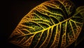 Leaf veins illuminated glowing yellow against black backdrop generated by AI Royalty Free Stock Photo