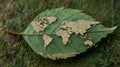 Leaf with a world map. Close up view of a leaf with the world map cut out Royalty Free Stock Photo