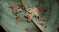 Leaf with a world map. Close up view of a leaf with the world map cut out Royalty Free Stock Photo