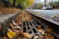 leafcovered storm drain with person sweeping nearby