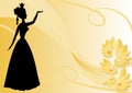 Leaflet background with black victorian lady silhouette on pastel yellow wallpaper with flowers. Royalty Free Stock Photo