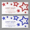 Leaflets with stars of red, blue confetti, sparkles, glitter and space for text on white background