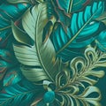 Leafy floral pattern background with surface metallic green blue abstract flowers, leaves, branches. Decorative ornamental vector