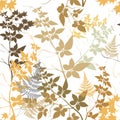 Leafy seamless pattern. Beautiful autumn leaves vector background. Branches and leaves colorful ornaments on white background.