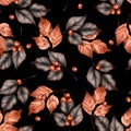 Leafy seamless pattern. Floral black background wallpaper with autumn leaves. Surface modern texture . Royalty Free Stock Photo