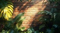 Leafy tropical plants against a brick wall. Royalty Free Stock Photo
