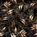 Leafy vector seamless pattern. Floral black background wallpaper Royalty Free Stock Photo