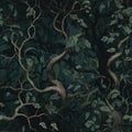 Leafy vines, tangled branches, moody atmospheric lighting. Seamless background. Generated by AI.