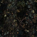 Leafy vines, tangled branches, moody atmospheric lighting. Seamless background. Generated by AI.