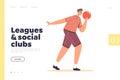 Leagues and social clubs concept of landing page with young man throwing ball for bowling game Royalty Free Stock Photo