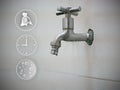Leaking, broken, ruined water tap, valve in a bathroom with icons of its consequences -  losing money, wasting time, and could Royalty Free Stock Photo