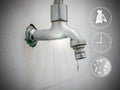 Leaking, broken, ruined water tap, valve in a bathroom with icons of its consequences -  losing money, wasting time, and could Royalty Free Stock Photo