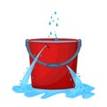 Leaking bucket and puddle isolated on white background. Pail with hole full water. Royalty Free Stock Photo