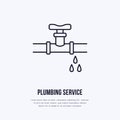 Leaking pipe flat logo, line icon. Pipeline with water drops vector illustration. Sign of plumbing servise