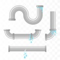 Leaking pipes isolated. Broken pipeline. Vector illustration